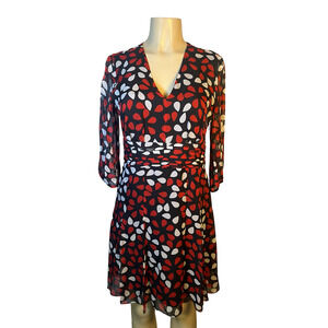 Diane Von Furstenberg Dress Womens 8 Black Red Silk Geometric Mini Fit & Flare